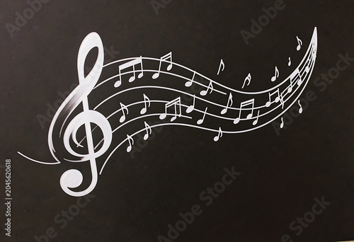 Abstract music concept with wavy lines and white musical notes