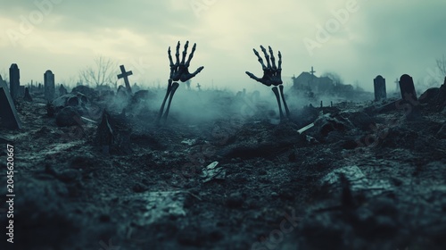 Eerie graveyard scene with skeletal hands emerging from the earth in a misty, atmospheric setting