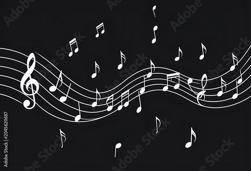High contrast musical notation graphic over plain black texture