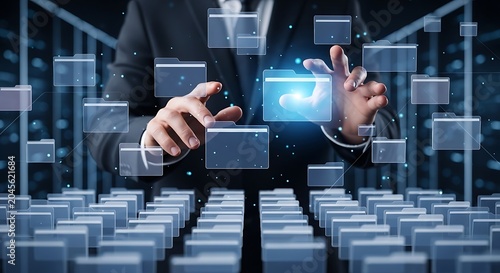 Businessman managing digital folders and data files on a virtual touch interface in a modern server room for efficient cloud storage solutions