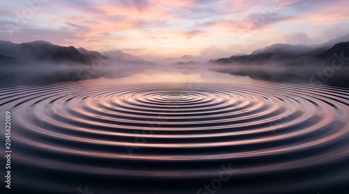 A serene lake with concentric ripples at sunset amidst mountains