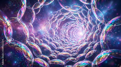 A vibrant and colorful illustration of iridescent bubbles in space