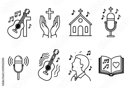 Set of church choir singer and musical note line art icons