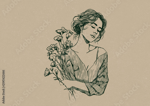 A green line art on a beige background showing a woman with closed eyes and arms crossed around some many flowers and their stems.