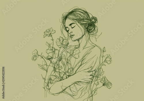 A green line art on a beige background showing a woman with closed eyes and arms crossed around some many flowers and their stems.