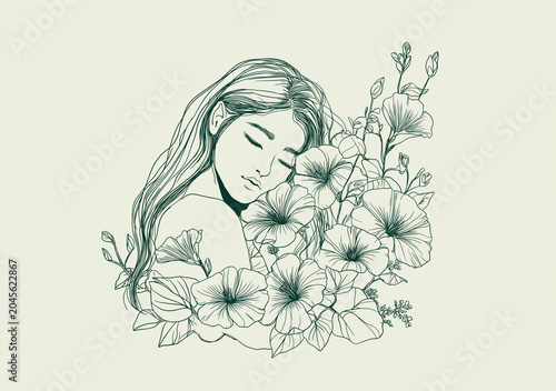 A green line art on a beige background showing a woman with closed eyes and arms crossed around some many flowers and their stems.