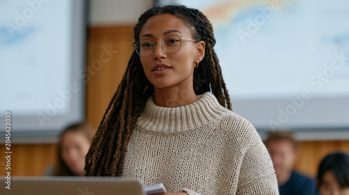 Algorithm auditor presenting racial bias findings from facial recognition software to nonprofit board in community center meeting room, projected heat maps showing disparity data, board members taki