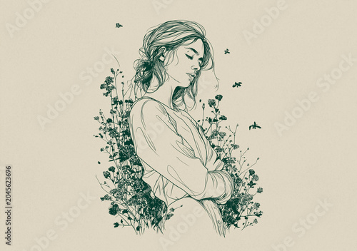 A green line art on a beige background showing a woman with closed eyes and arms crossed around some many flowers and their stems.