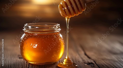 Golden honey dripping from a wooden dipper into a glass jar on a rustic wooden table.