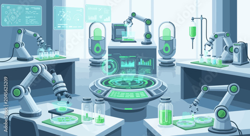 Bild auf Leinwand Automated laboratory equipment performs scientific experiments with green liquid