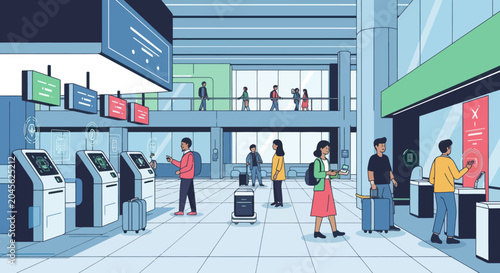 Tableau sur toile People interacting with self-service kiosks in a modern transportation hub