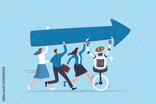 Working with AI leading to success, increase performance with Artificial Intelligence innovation, human work team up with tech AI with new skills, robot with AI help employees carry growth arrow.