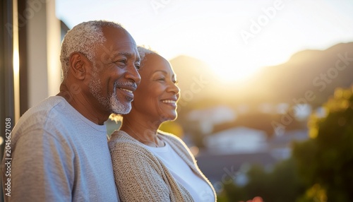 Elderly couple enjoying peaceful morning together, lifelong companionship, realistic