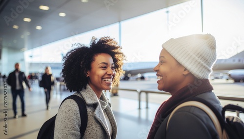 Two friends sharing an emotional reunion at airport, authentic expressions, realistic