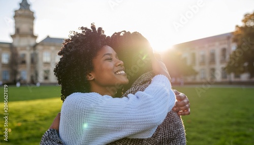 Best friends embracing after long time apart, authentic human emotion
