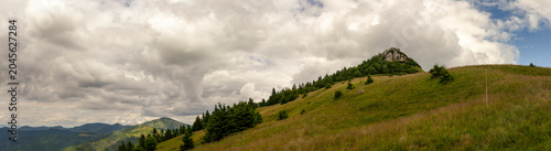 Bilde på lerret Panoramic view of grassy hill with rocky summit and scattered trees under dramat