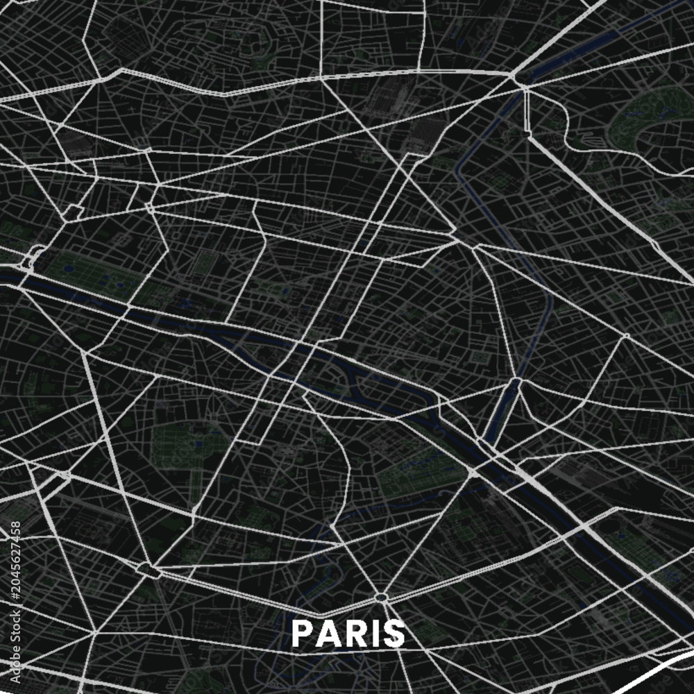 Naklejka premium Paris City Street Map Detailed Urban Road Network Cartography Dark Vector Illustration