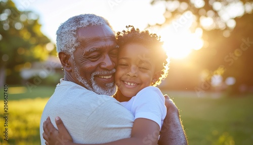 Grandparents hugging grandchildren during family gathering, authentic happiness