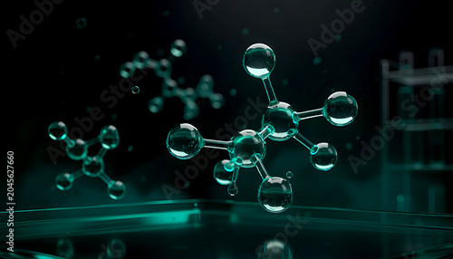 Transparent glass molecular structure floating in dark laboratory for luxury pharmaceutical and science concept