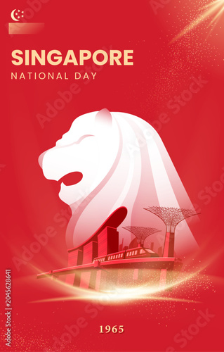 Singapore National Day 2026 Patriotic Poster Design with Iconic Merlion Statue, Anniversary Glow Effect, and National Pride Theme