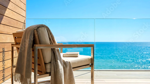 Wooden chair with blanket on balcony overlooking the sea