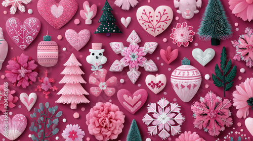 Festive Pink Christmas Ornament and Decoration Flat Lay.