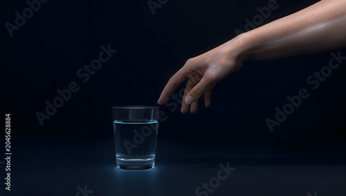 Conceptual 3D medical illustration of a human hand reaching out to touch a glowing glass of water showing visible veins.