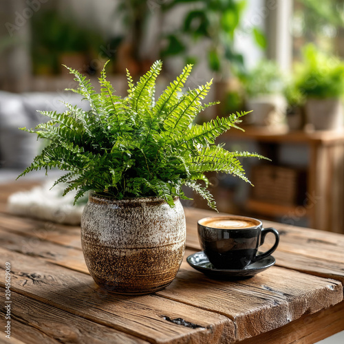 Fern and Coffee A Cozy Still Life on Wooden Table.