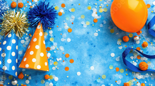 Festive birthday celebration with party hats balloon and confetti.