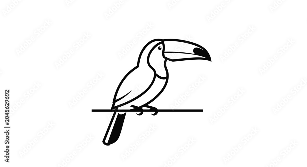 Obraz premium Minimalist black and white line art illustration of a toucan perched on a simple horizontal branch against white.