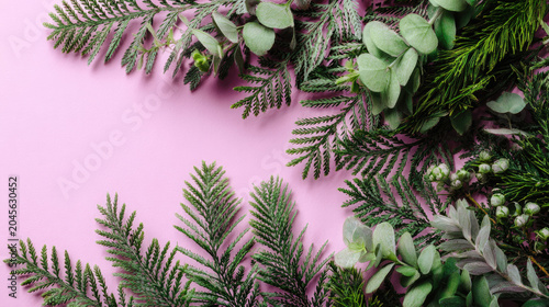 Festive foliage frame on pink background for holiday season.