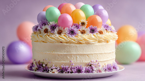 Festive Easter Cake with Colorful Eggs and Floral Decorations.