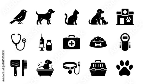 A professional icon set representing veterinary medicine, domestic pet care, animal clinic, and grooming concepts. Includes a pet bird perching, a standing dog, a sitting cat, an adult dog sitting wit
