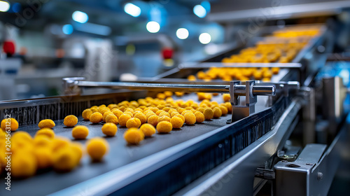 Automated food production line with snack balls on conveyor belt in modern factory
