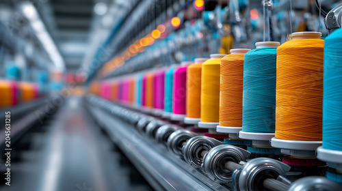 Colorful textile yarn spools on automated spinning machine in modern factory