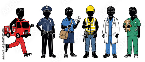 Tableau sur toile Kids career costumes vector illustration showing children dressed as community helpers like doctor, firefighter, police, construction worker, mail carrier, and veterinarian on a white background