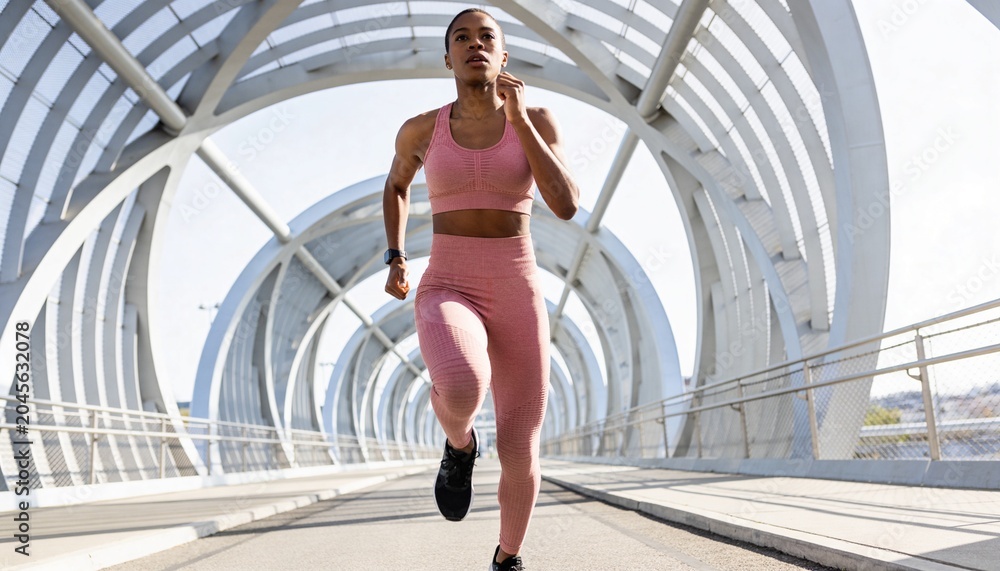 Obraz premium Black woman running on a modern urban bridge. Athletic female jogging in pink sportswear. Healthy lifestyle and urban fitness concept
