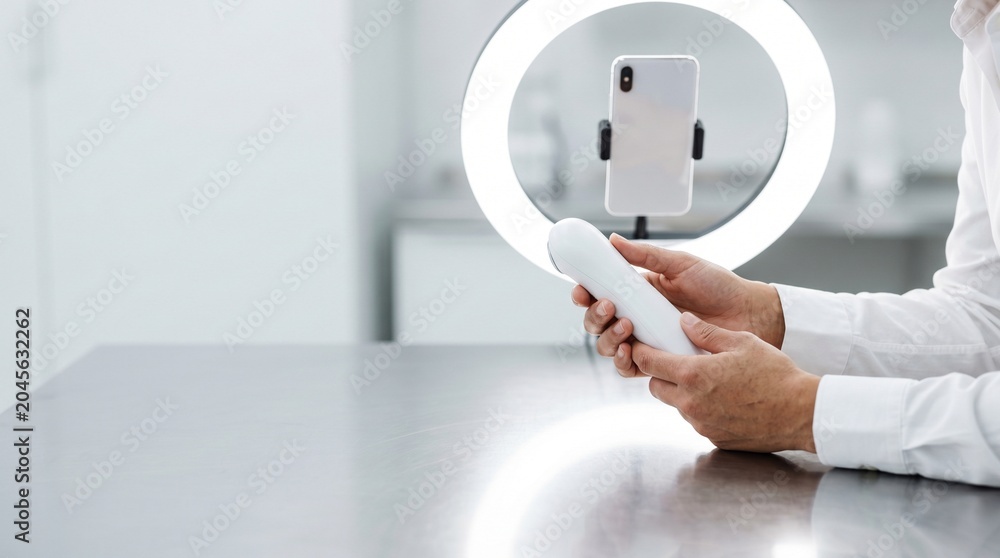 Fototapeta premium Man holding professional beauty device with ring light and smartphone setup.