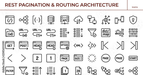 Flat REST pagination and routing architecture icon set with API requests, URL parameters, data flow management, filtering, and vector graphics