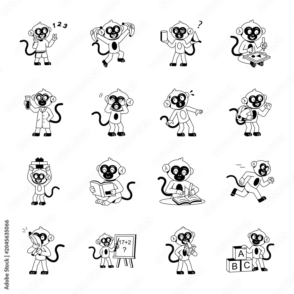 Obraz premium Educational and playful monkey icons with learning, reading, running, teaching, sports, and school-themed cartoon activities.
