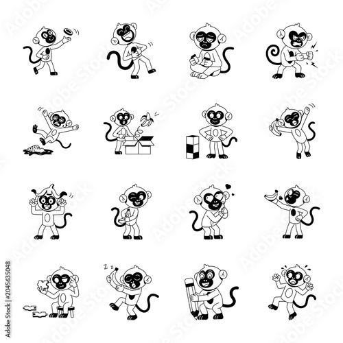 Canvas Print Cute monkey emotion icons featuring happy, sad, funny, sleepy, learning, and playful cartoon expressions in glyph vector style