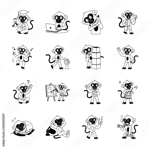 Slika na platnu Fun monkey cartoon icons depicting graduation, sports, music, painting, fitness, selfies, sleep, and playful daily activities