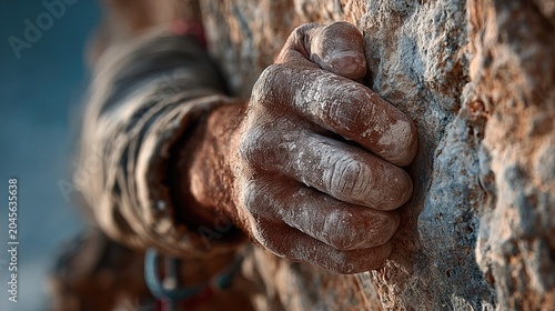 Detailed Close up of a Climber Hand Gripping a Rugged Rock Face with Chalk Dust