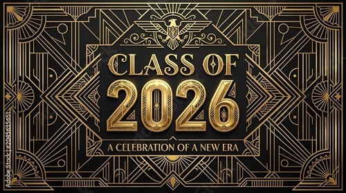 Class of 2026 Art Deco Graduation Emblem with Golden Typography