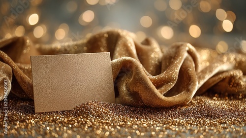 Luxurious Golden Glitter Fabric draped over a textured blank card with bokeh lights