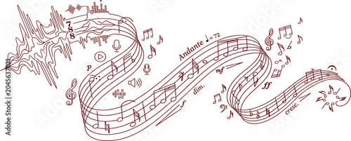 Canvas-taulu Abstract Wavy Music Staff with Floating Notation Signs, Microphone Icons, and Au