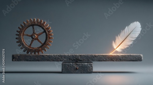 Abstract Industrial Gear and Glowing Feather Balanced on Stone Scale Concept Art