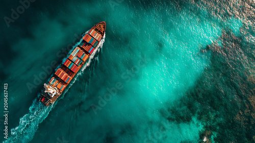 On the lake, ships are carrying cargo; containers are piled high in the hold. (Aerial view)
