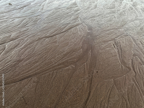 Foto Patterns rippling in the sand formed by flowing water, and the sand shifts over time as spring water seeps out of the beach and into the ocean, which is visible at low tide
