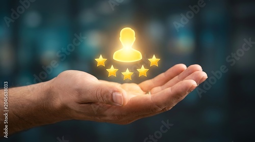 Hand holding glowing golden stars for digital success and innovation concept